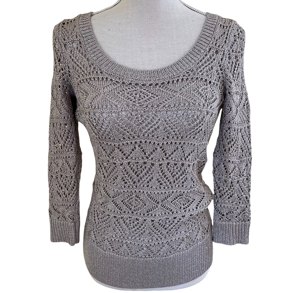 White House Black Market Open Knit Metallic Pullover Sweater in "Pearl Dust”